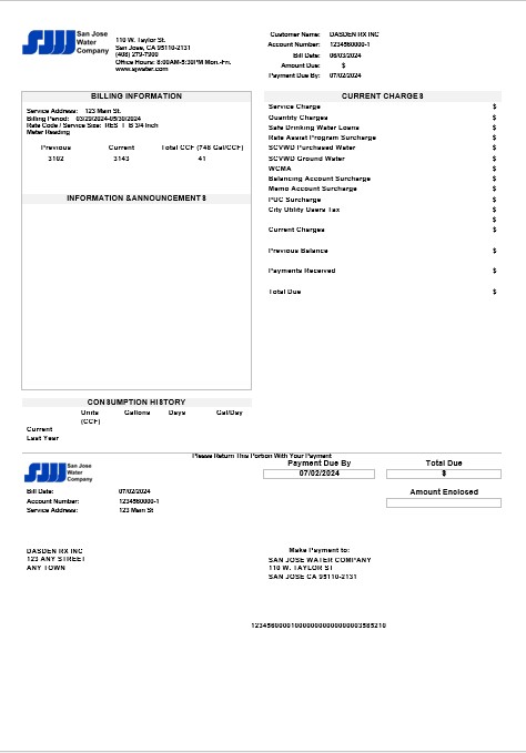 USA California San Jose Water business utility bill template in Word and PDF formats